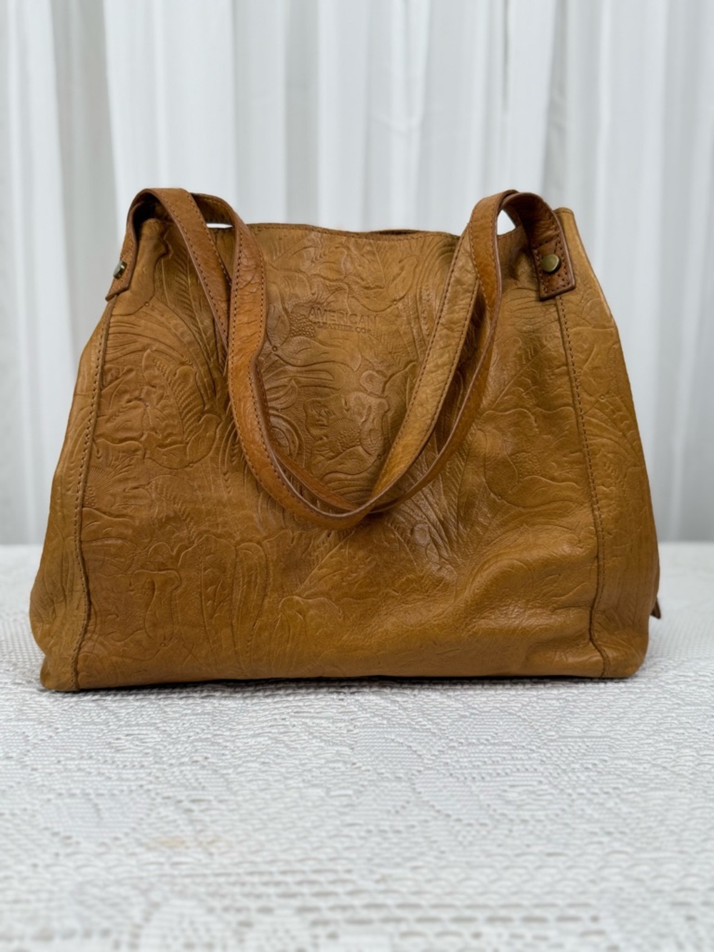 Vintage American Leather Tooled Floral Tote Bag Brown Shoulder Purse